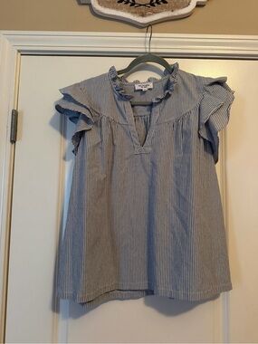 eesome Blue Stripe Ruffle Sleeve Split-Neck Women's Top